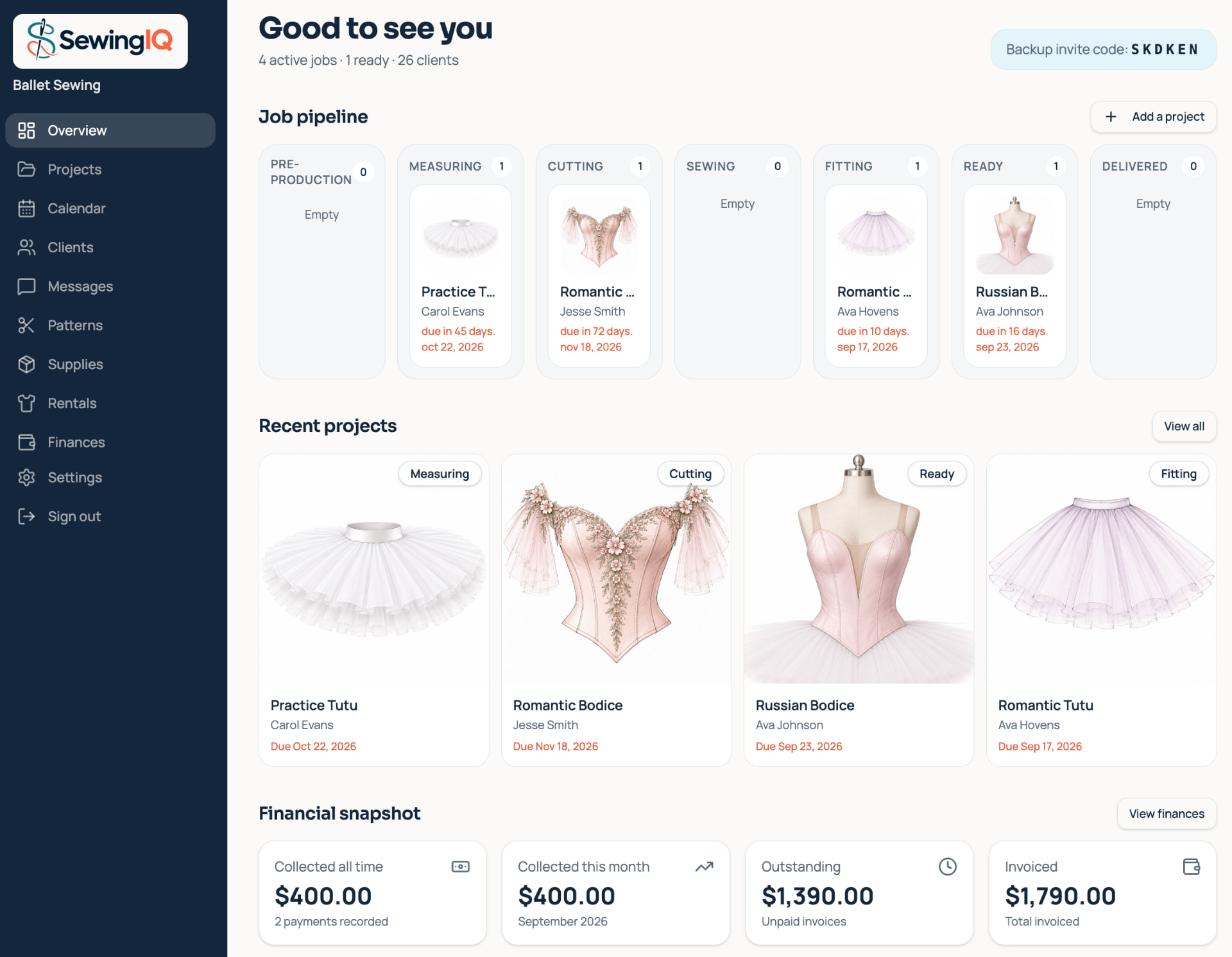 Sewing IQ studio dashboard showing the project pipeline and recent projects